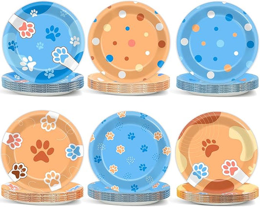 48Pcs 7" Blue Dog Birthday Party Paper Plates Puppy Party Supplies Blue Paw Dessert Tableware Set Paw Shaped Disposable Dinnerware Plates for Kids Girls Cartoon Birthday Decorations Party Favors