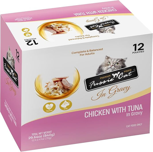 Fussie cat Premium Chicken w/Tuna in Gravy 2.47 Oz (Pack of 12)