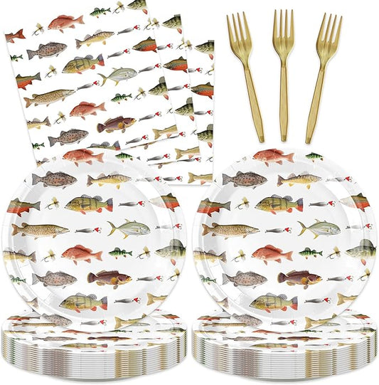48Pcs Fishing Birthday Party Decorations for Men Women Fishing Party Decorations with Birthday Sign Baby Shower Forks Plates and Napkins Set SuppliesServe 16
