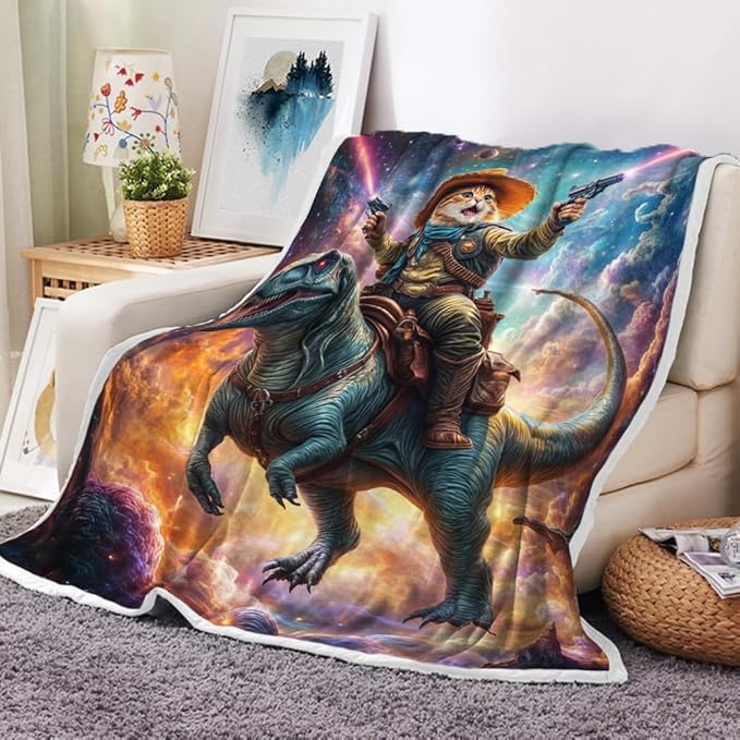 Cute Cat Dinosaur Blanket, Farmhouse Cool Cat Riding Dino in Blue Galaxy Space Rainbow Fleece Throw, Cozy Flannel Warm Soft Lightweight Fuzzy Blankets for Boys Girls Teens Women for Bed Sofa Couch