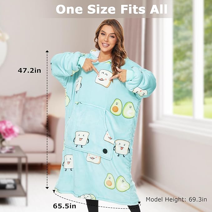 THREE POODLE Wearable Blanket Hoodie, Oversized Long Sherpa Sweatshirt Blanket for Adults Women Men, Warm Cozy Hooded Blanket, Gifts for Mom Girlfriend