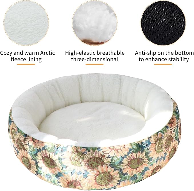 Circular Calming Dog & Cat Bed Anti-Anxiety Plush Dog Bed Washable Pet Bed with Anti Slip Backing Donut Cuddler with Cute Jacquard Patterns for Cat and Small Puppy 20" (X-Small, Sunflower)