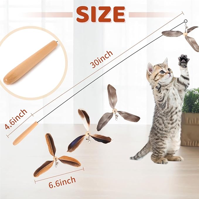 Cat Wand Toys, Interactive Cat Toys, 3 Nature Feather Refills, 35” Flexible Steel Wire, Sturdy Wood Handle and Bell, Cat Teaser Cat String Toy for Indoor Cats Kitten to Play Chase Exercise