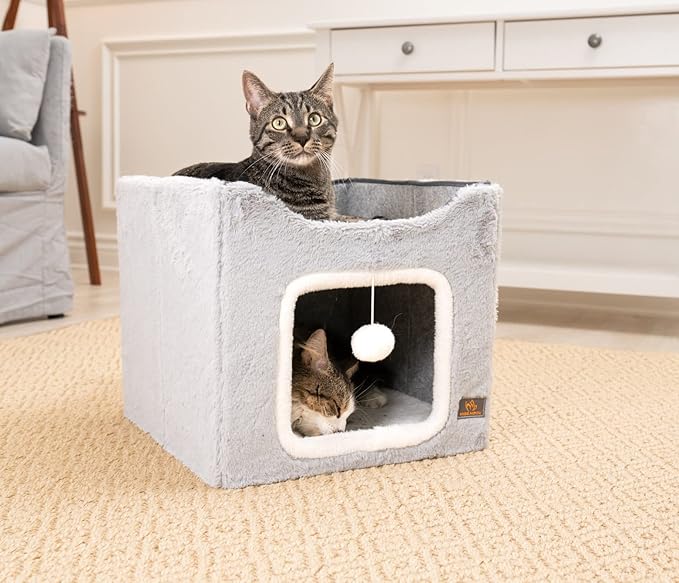 Cat Bed for Indoor Cats,Medium Large Cats Cave Bed,Machine Washable Slip Resistant Bottom,Ultra Soft Plush Cushion (Gray Fleece House)