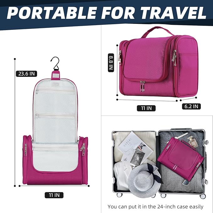 Buruis Large Capacity Waterproof Toiletry Bag for Women, Hanging Toiletry Organizer, 11"x 6.2"x 8.8", Fushcia