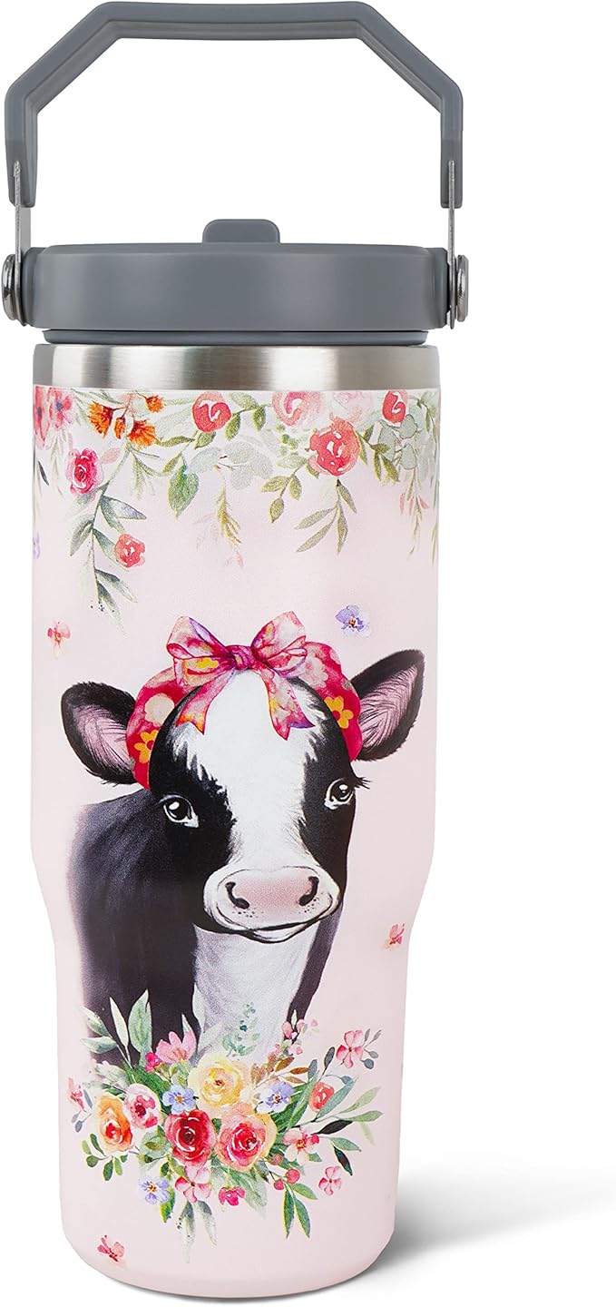 30oz Cow Print Tumbler with Handle and Straw， Just A Girl Who Loves Cows， Cow and Flower Coffee Cup， Stainless Steel Vacuum Insulated Tumbler, Cow Stuff Accessories Decor, Cow Gifts for Women