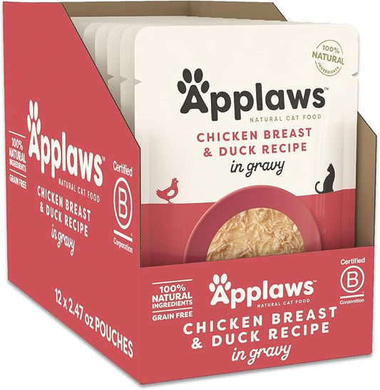 Applaws Natural Wet Cat Food in Gravy, Limited Ingredient Wet Cat Food Pouches, No Additives, Made with Natural Ingredients, Chicken Breast & Duck in Gravy (12 x 2.47oz Pouches)