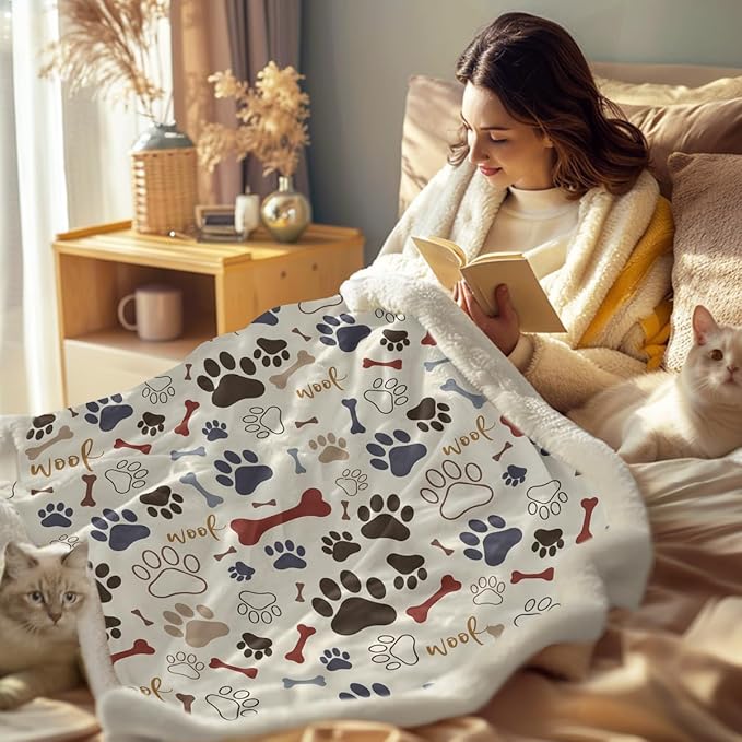 Sleepwish Dog Paws and Bones Print Fleece Throw Blanket for Kids Soft Plush Light Yellow Sherpa Blanket for Couch Chair Bed, Queen (90" X 90")