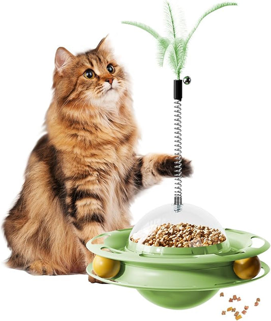 Cat Interactive Toys for Indoor Cats, 4-in-1 Kitten Slow Feeder Cat Teaser Wand Feather Boredom Toy Kitty Tracking Balls Slow Food Dispenser Treat Weight Loss Pet Self Play Supplies Birthday Gift