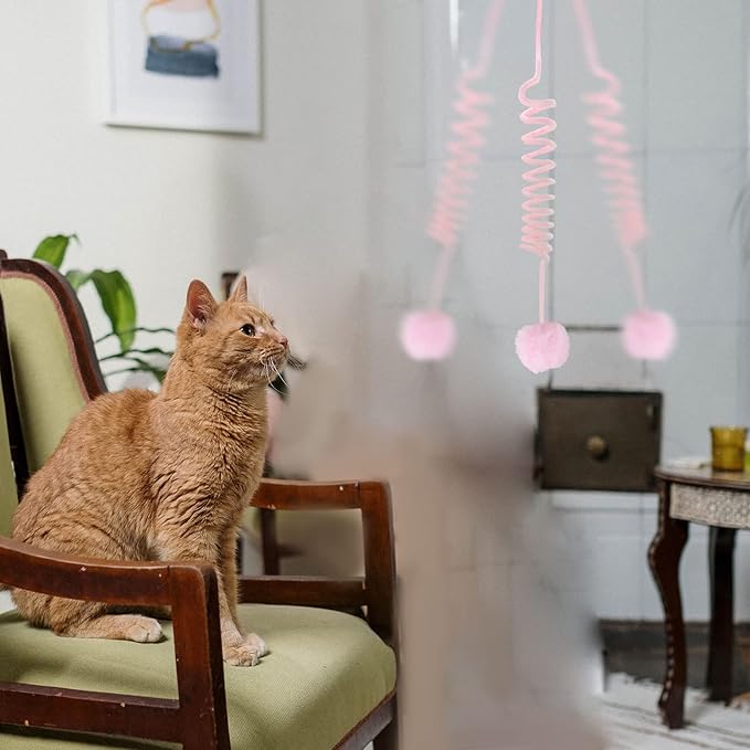 WishLotus Interactive Cat Toys, 2 Pack Soft Plush Cat Toys for Indoor Cats Self-Hanging Door Cat Plush Toys with Bells Long Tail Elastic Indoor Cat Toys for Cat Chase Play and Kill Time (Pink+Yellow)