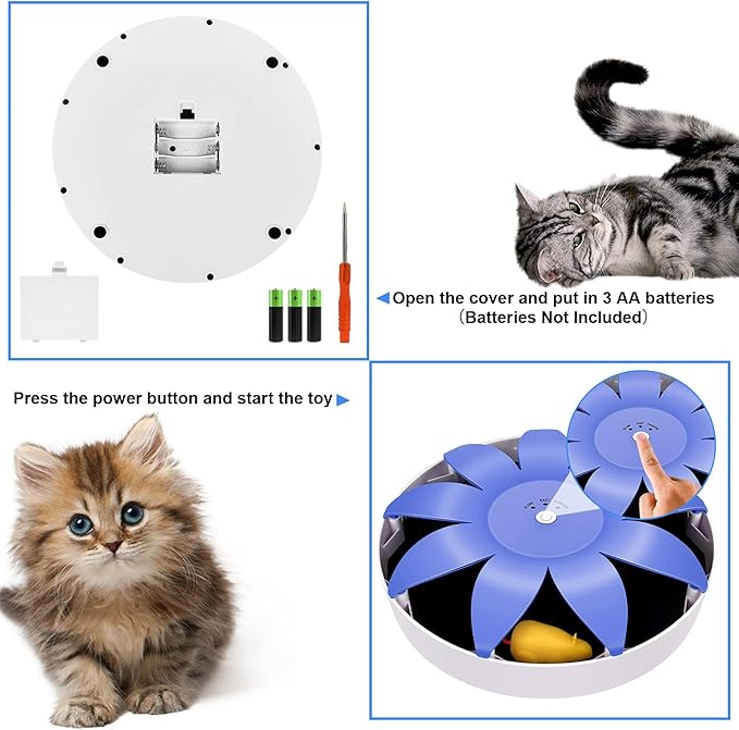 FluffyDream Automatic Electric Magnetic Spinning Cat Toys, Interactive, Rotation Cat Exercise Teaser Toy with Emulational Mouse, Fluffy Tails, Toys for Indoor Cats, Pets, 9.65” x 9.65” x 2.36”, Blue
