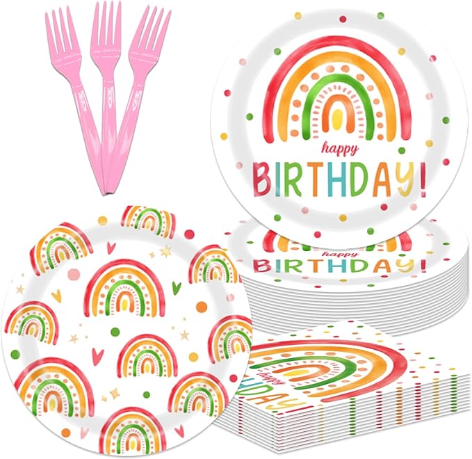 48Pcs Rainbow Birthday Decorations Colorful Boho Rainbow Tableware Set Disposable Plates Napkins Forks Serves 16 Bohemian Retro Rainbow Happy Birthday Party Decorations