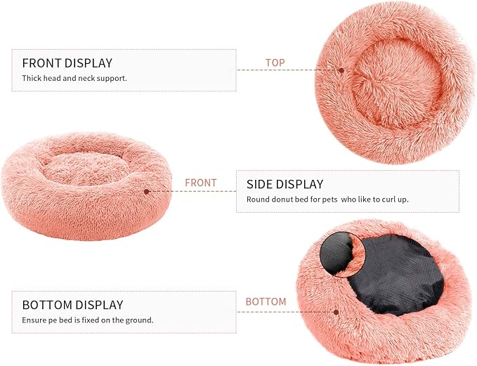 Small Cat Bed for Indoor Cats, Self-Warming Donut Kitty Bed for Small Cats Keeping Warm, Washable Pet Bed with Anti Slip Base, Pink 20‘’