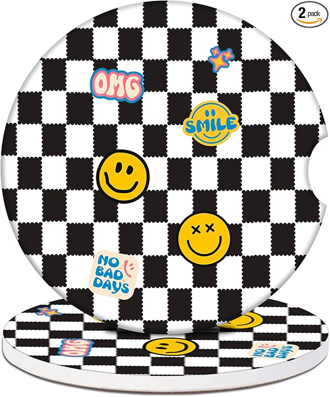 Car Cup Holder Coaster - Black and White Grid Smiley Face Absorbent Ceramic Coaster, Car Coasters for Cup Holders, Auto Accessories for Women & Men, Pack of 2