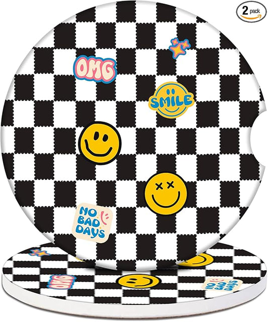 Car Cup Holder Coaster - Black and White Grid Smiley Face Absorbent Ceramic Coaster, Car Coasters for Cup Holders, Auto Accessories for Women & Men, Pack of 2