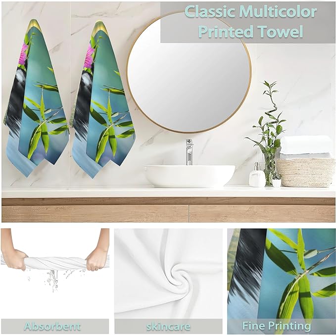 Zen Spa Hand Towels Set of 2,Green Bamboo Flower Soft Fingertip Bath Towel Small Face Washcloths Decor Kitchen Towel for Hotel Spa Gym Sport 28x14in