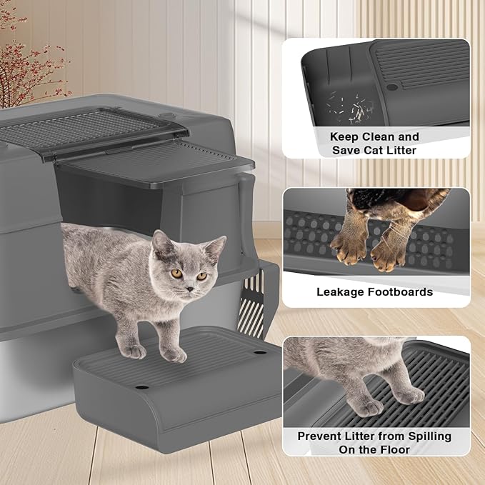 3-in-1 Stainless Steel Cat Litter Box with Removable Lid-Enclosed XL Extra Large High-Sided Metal Box for Small & Big Cats with Scoop-Easy to Clean, Odor Control, Non-Sticky,Anti-Leakage (Dark Grey)