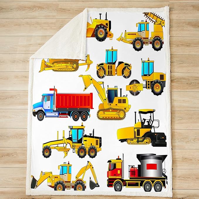 Boys Excavator Car Fleece Blanket for Bed Sofa Couch Kids Cartoon Construction Truck Sherpa Throw Blanket Son Machinery Vehicles Print Plush Blanket Soft Lightweight Fuzzy BlanketQueen 90"x90"