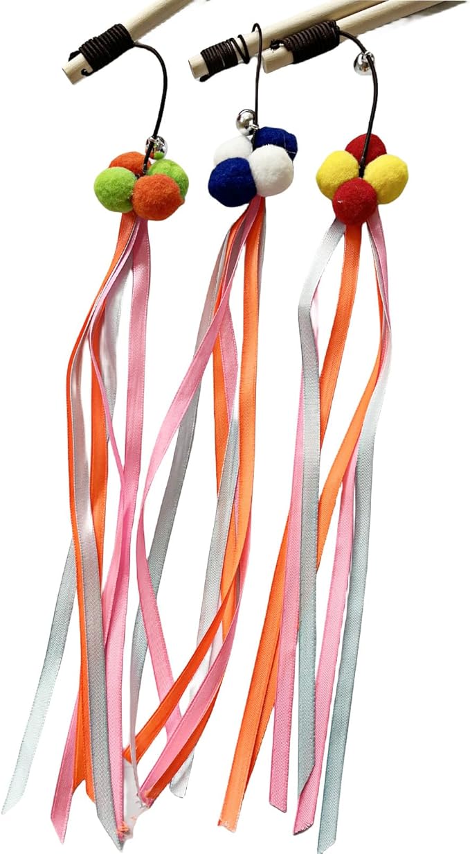 IUHKBH Cat Wand Toys, 3 PCS Interactive Cat Toys Wooden Handle Cat Teaser Toys with Bell, Ribbon and Pom Poms Sturdy Cat Sticks