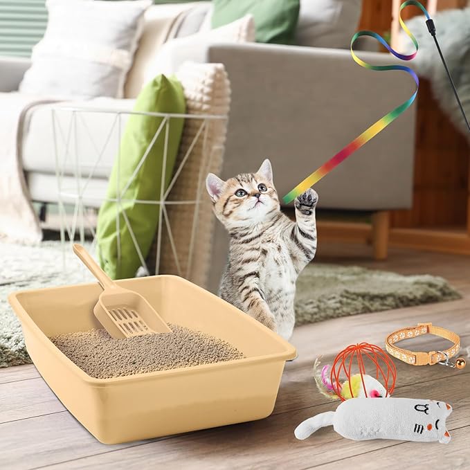 7 Pcs Small Cat Kitten Starter Kit Cat Litter Box with Shovel Cat Paw Litter Mat Double Automatic Cat Bowls Cat Toy Teaser Stick Cat Collar Essentials Kits for 1-3 Lbs Beginner (Khaki,Simple)