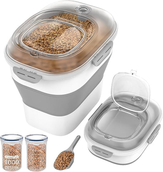 28-30 Lbs Airtight Dog Food Storage Container,Collapsible Dog Food Container with Airtight Lid,Wheels, Date Track,Large Pet Food Storage Container for Rice,Flour,Dog Food Scoop,2PCS Containers