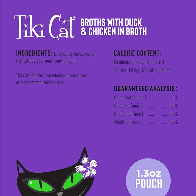 Tiki Cat Born Carnivore Broths, Duck & Chicken Recipe, Hydration and Flavor Supplement Cat Food Topper, 1.3 oz. Pouch (Pack of 12)
