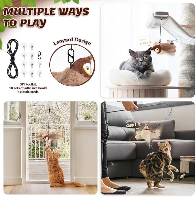 Lukovee Interactive Cat Toys Rechargeable - Touch Activated Flapping Sparrow Catnip Toys with Lifelike Chirping, Plus Bird Toy with Rope and Hooks for Indoor Kitten Kitty Exercise (Khaki)