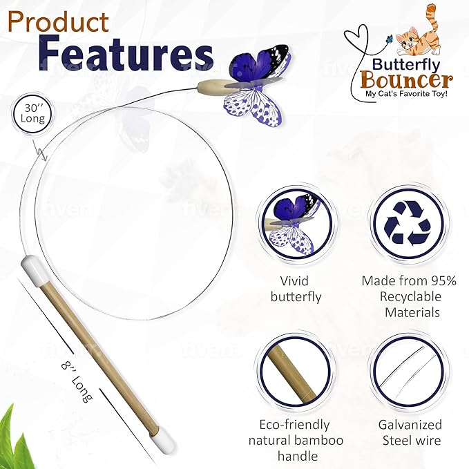 Butterfly on Wire Bounces to Mimic a Real Butterfly's Flight - Interactive Cat Toy - Cats/Kittens Play Catch Chase Exercise-Comfortable Bamboo Handle-Stocking Stuffer-Made in USA