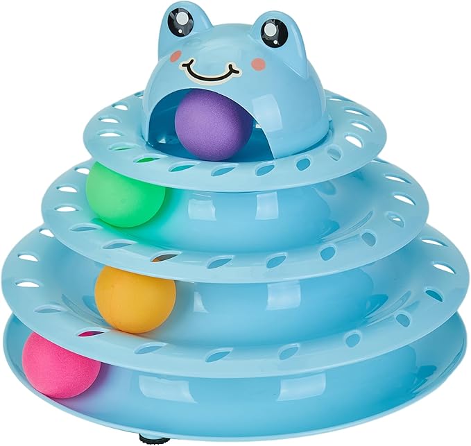 Suhaco Interactive Cat Toys for Indoor Cats Fun Roller 4 Level Cat Tower with Cute Stickers Turntable Kittens Ball Teaser Toy (Blue)