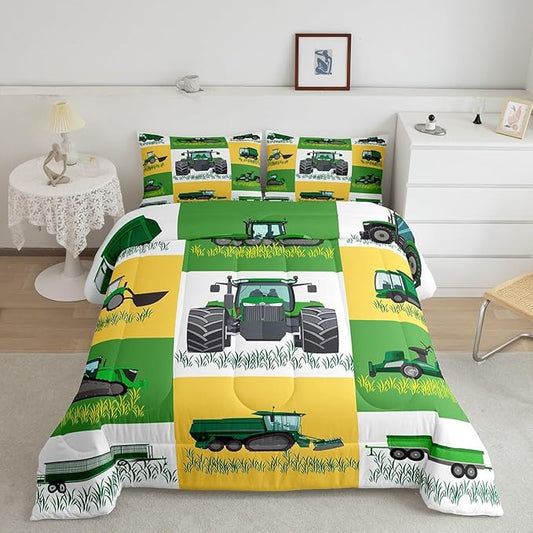 Boys Cartoon Truck Car Down Comforter King Size Kids Construction Vehicles Tractor Comforter Set for Kids Children Farm Excavator Bedding Set Construction Site Cars Duvet Set, Green Yellow