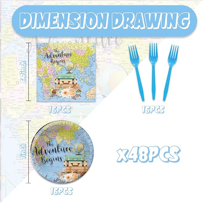 48Pcs Adventure Awaits Party Decorations, Travel Themed Party Decorations Include Disposable Forks Paper Plates and Napkins Supplies for Globe Birthday Baby Shower Graduation Decorations
