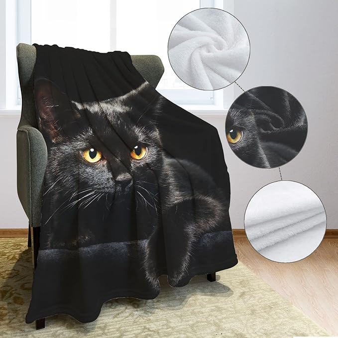 Black Cat Throw Blanket Modern Black Decorative Big Eyes Black Cat Fleece Blanket Soft Warm Cozy for Kids Adult Gifts 60"x80"