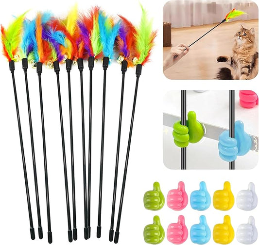 10Pcs Interactive Cat Toys Feather Toys Cat Toys Wand with 10Pcs Cat Teaser Stick Storage Holder for Indoor Cats to Chase and Exercise