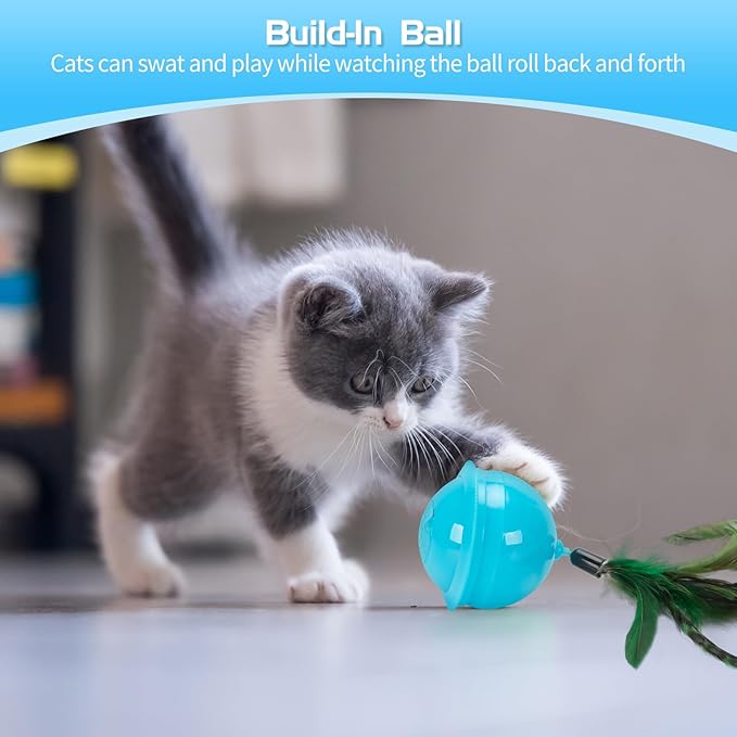 Cat Feather Toy Ball for Indoor,Automatic Moving Ball Toy with Feathers Tail, Self Rolling Ball with Colorful Light Mouse Chasing Game(Blue)
