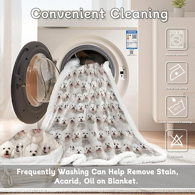 BlessLiving Bichon Frise Sherpa Fleece Throw Blanket 60" x 80" Soft Fluffy Warm Cozy Dogs Blanket for Couch Bed Sofa Chair Cute Puppy Fleece Blanket Reversible Animal Pattern Blankets Gifts for Women