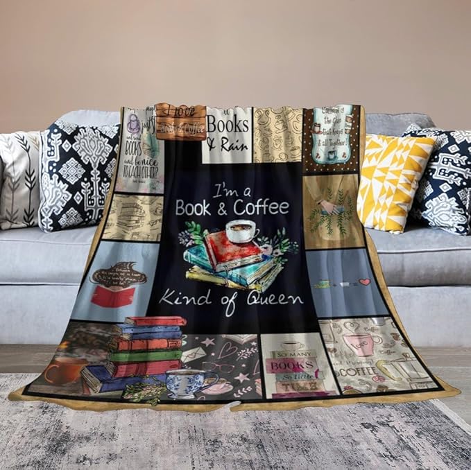Book and Coffee Print Blanket Coffee Cup Cafe Throw Blankets for Couch Sofa Bed Stuff Decor Lightweight Soft Cozy Fleece Plush Warm Flannel Bedding Blanket Gifts for Girls Boys Kids Adults 60"x80"