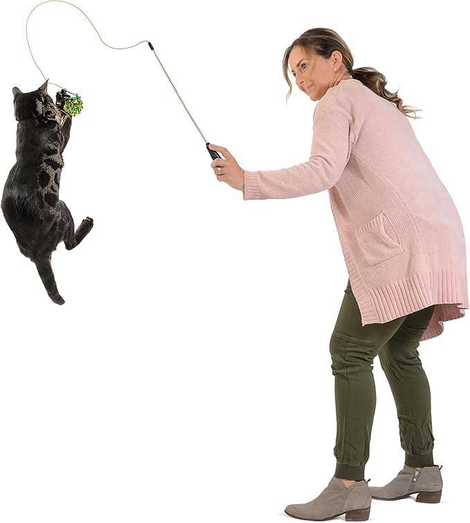 RompiCatz Adjustable Retractable String Wand and Interactive Cat Toy, Crinkle Balls