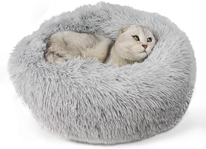 Cat Beds for Indoor Cats, Dog Bed, Cat Bed, Machine Washable, Fluffy Round Pet Bed Non-Slip, Autumn and Winter Warmth, Cuddler Cushion Self Warming (Grey, 30 inch)