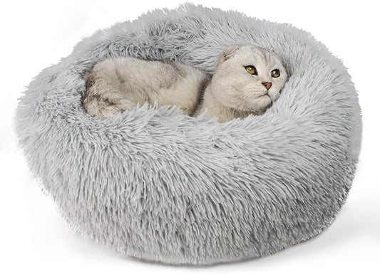 Cat Beds for Indoor Cats, Dog Bed, Cat Bed, Machine Washable, Fluffy Round Pet Bed Non-Slip, Autumn and Winter Warmth, Cuddler Cushion Self Warming (Grey, 30 inch)