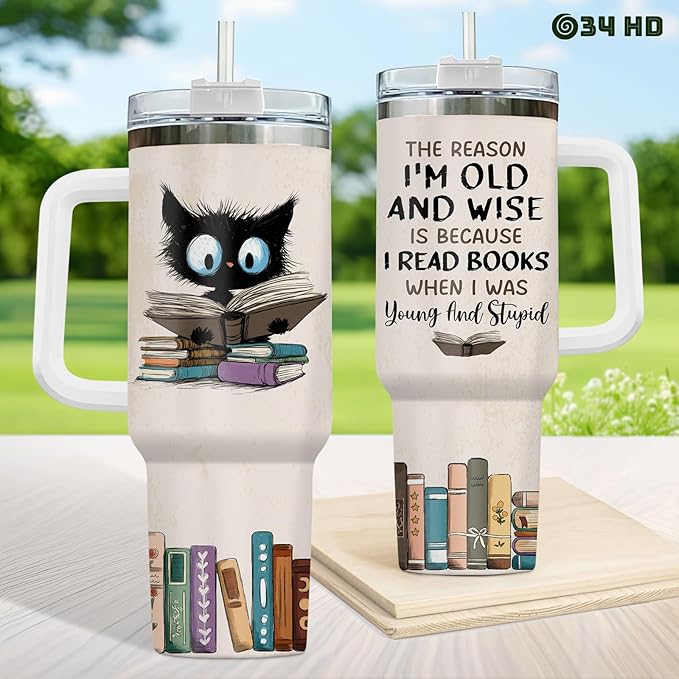 34HD Black Cat Mom Tumbler with Handle and Straw, 40oz Book Themed Cup Stainless Steel, Bookworm Coffee Mug, Cat and Book Birthday Gifts for Women Men Friends