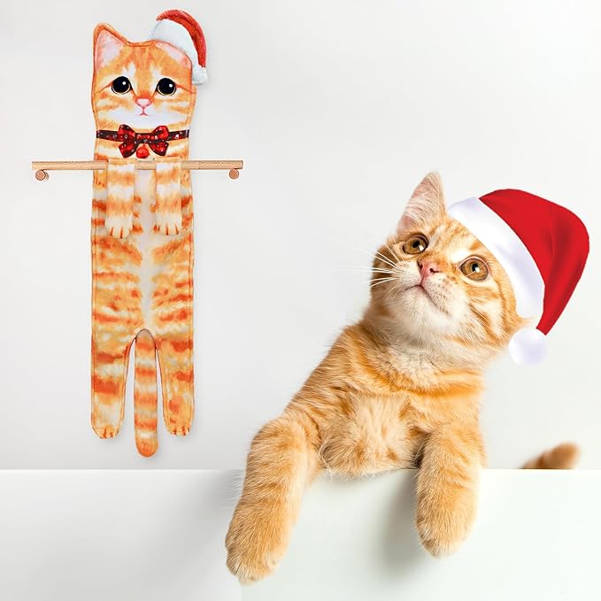 Cat Hand Towels for Kitchen Bathroom - Cute Cat Decor Gadgets - Hanging Soft Absorbent Hand Face Towel - Funny Unique Christmas Birthday for All Women Mom Cat Lovers - Orange