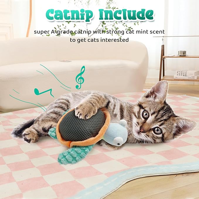 Cat Toys, Flapping Fins Cute Turtle, Vibrating Cat Kicking Toy, Fluffy Plush Animal Toy for Small Dogs, Kitten Catnip Toy, Interactive Cat Toys for Kitty Exercise, Rechargable