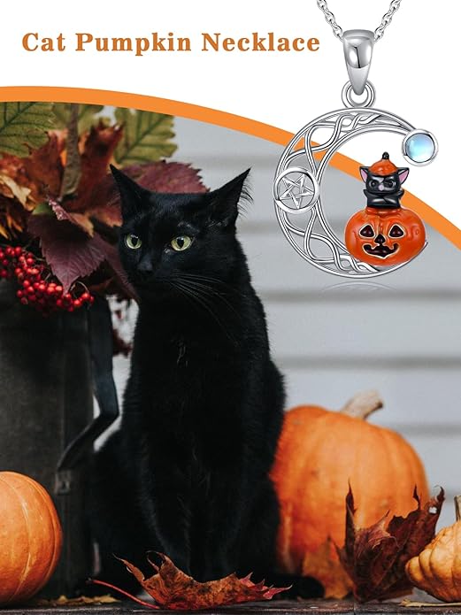 Black Cat/Dragon/Fox/Wolf Necklace 925 Sterling Silver Celtic Moon Pentagram Pendant Gothic Jewelry Goth Halloween Gifts for Women