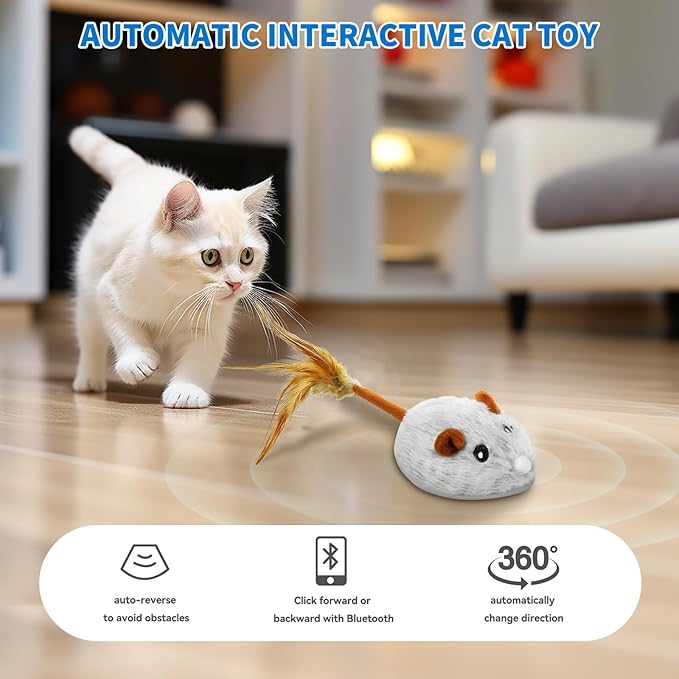 Cat Toys APP Bluetooth Smart Cat Mouse Toys Electronic Interactive Hunting Cat Toy for Indoor Mice Toys Automatic Moving Remote Control Cat Toy Exercise Cat for Bored Indoor USB Rechargeable（Gray）