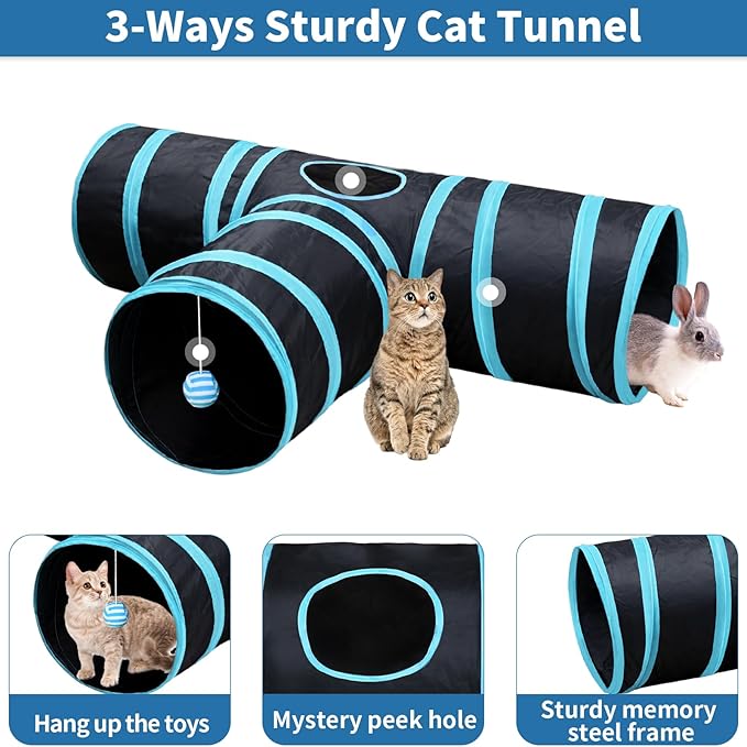 Malier Cat Toys Kitten Toys Set, Collapsible Cat Tunnels for Indoor Cats, Interactive Kitty Toys Cat Feather Toy Fluffy Mouse Crinkle Balls Cat 3 Way Tube Tunnel Toys for Cat Puppy Kitty Kitten
