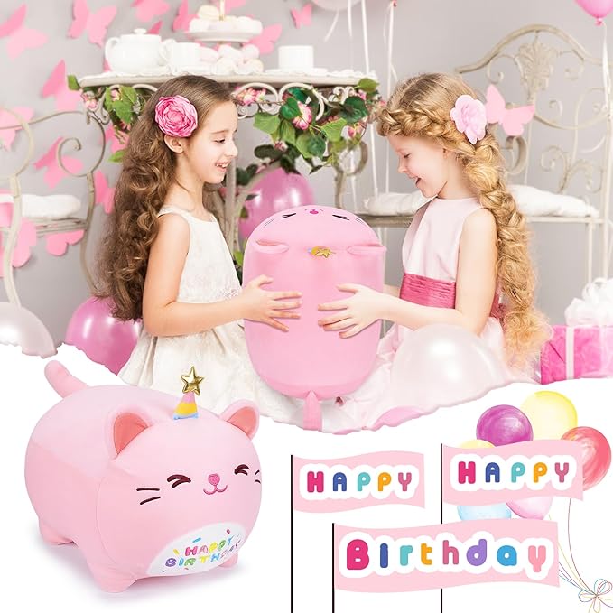 Auspicious beginning Pink Birthday Cat Plush Stuffed Animals-Gifts for Girlfriend, 16'' Pink Cat Plush, Kawaii Plushies Cat Body Pillow Cat Plushie, Kitten Plush Pillow Kids