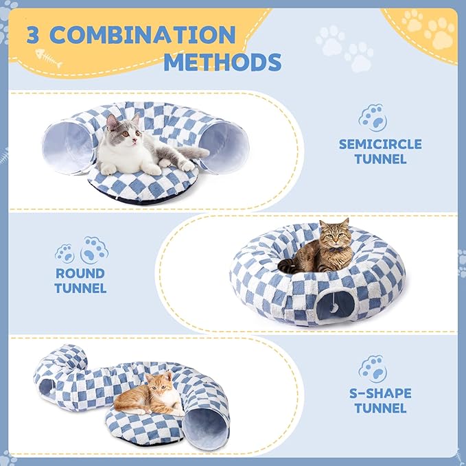 Cat Tunnel Bed Cat Cave for Cats Indoor, Maansfy Large Peekaboo Cat Cave Donut Tunnel Interactive Cat Toy Multifunctional Round Pet Play Tunnel Tube for Kitten Medium Large Cat - Blue