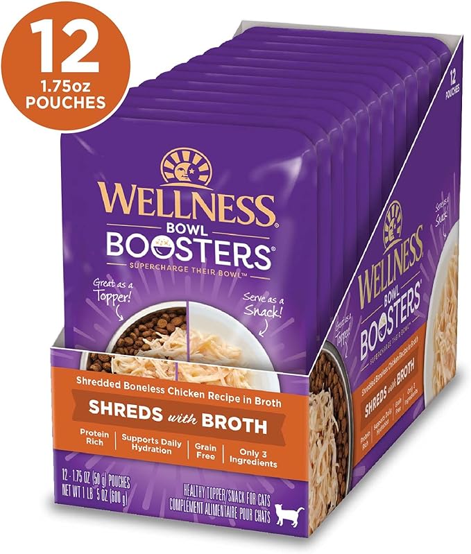 Wellness Bowl Boosters Grain Free Wet Cat Food Topper, Shredded Chicken Recipe in Broth, 1.75 Ounce Pouches (Pack of 12)