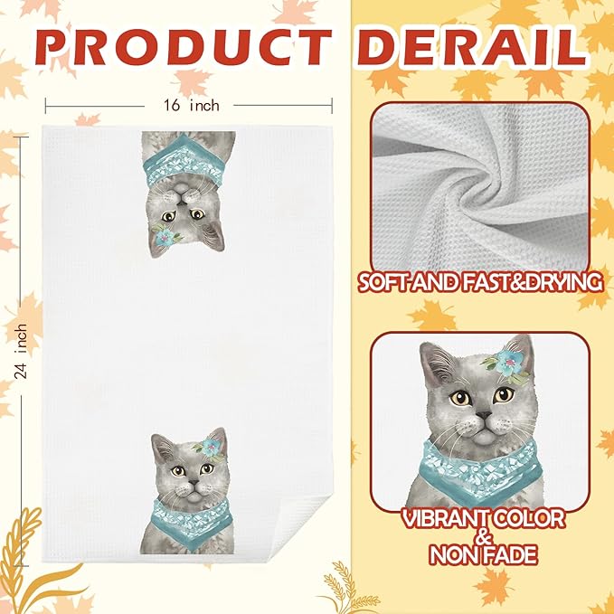 Grey Cat Kitchen Towels, Teal Bandana Grey Cat Dish Towels for Kitchen, Cat Hand Towels for Bathroom Kitchen, Grey Cat Gifts, Cat Gifts for Cat Lovers Women, Cat Kitchen Bathroom Decor, 16x24 Inches