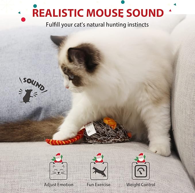 Gigwi Interactive Cat Toy Moving Mouse, Automatic Cat Toy Mice Electronic with Furry Tail, Squeaky Cat Toys for Indoor Cats/Outdoor Exercise (Orange Ear)